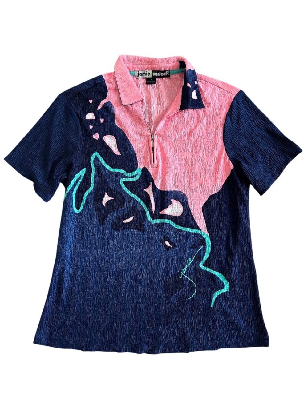 Jamie Sadock Women's Sz M Crinkle Zip Polo Shirt Pink Navy Abstract Print